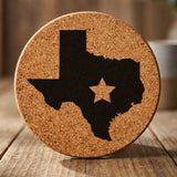 Texas round cork coaster engraved with the state shape and a star