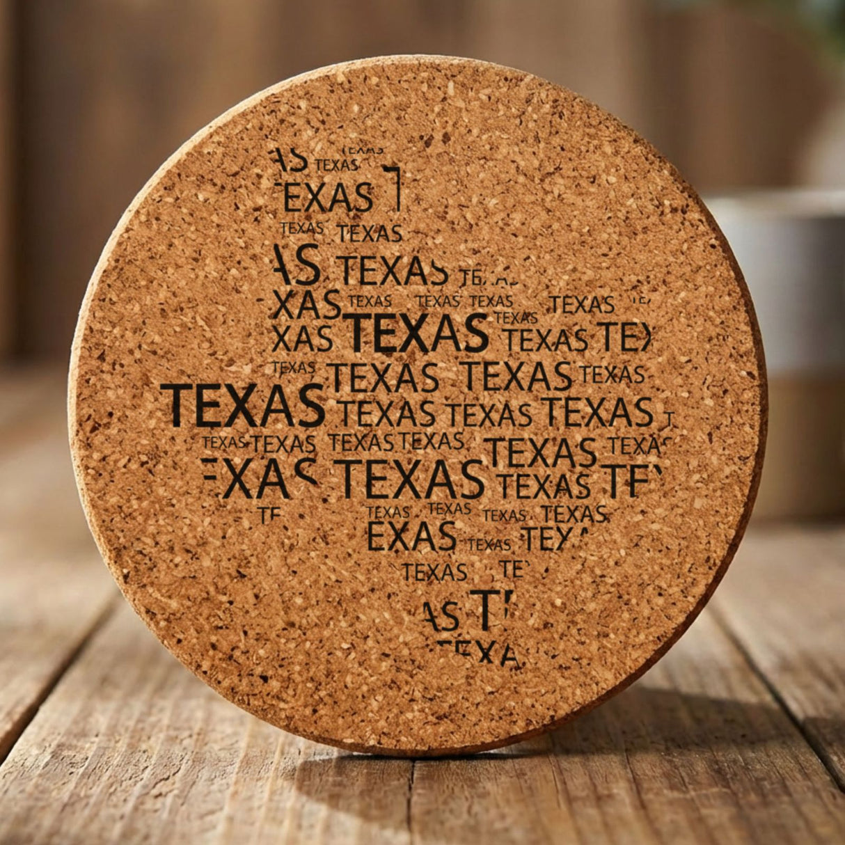 Texas round cork coaster engraved with a word cloud of repeating Texas text