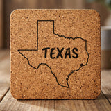 Texas square cork coaster engraved with the state outline and TEXAS in hand-drawn brush lettering