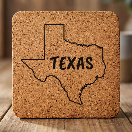 Texas square cork coaster engraved with the state outline and TEXAS in hand-drawn brush lettering