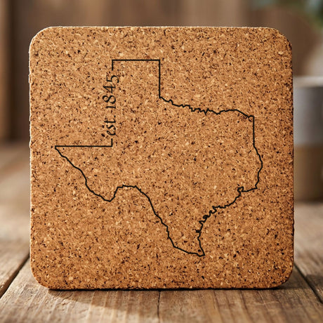 Texas square cork coaster engraved with the state outline and est. 1845
