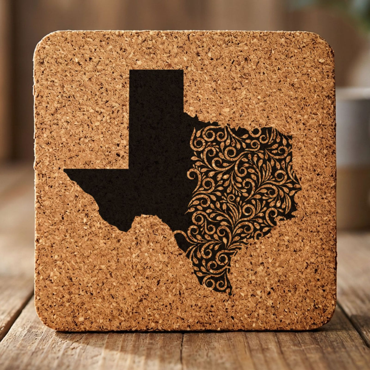 Texas square cork coaster engraved with the state shape in ornate floral scrollwork