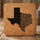 Texas square cork coaster engraved with the state shape in ornate floral scrollwork