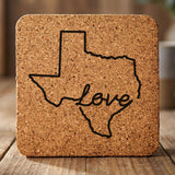 Texas square cork coaster engraved with a hand-drawn state outline and love in cursive