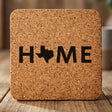 Texas square cork coaster engraved with HOME using the state outline as the letter O