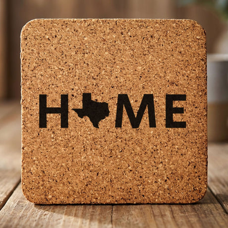 Texas square cork coaster engraved with HOME using the state outline as the letter O