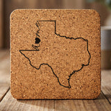 Texas square cork coaster engraved with the state outline and home in script with a heart