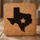 Texas square cork coaster engraved with the state shape and a star