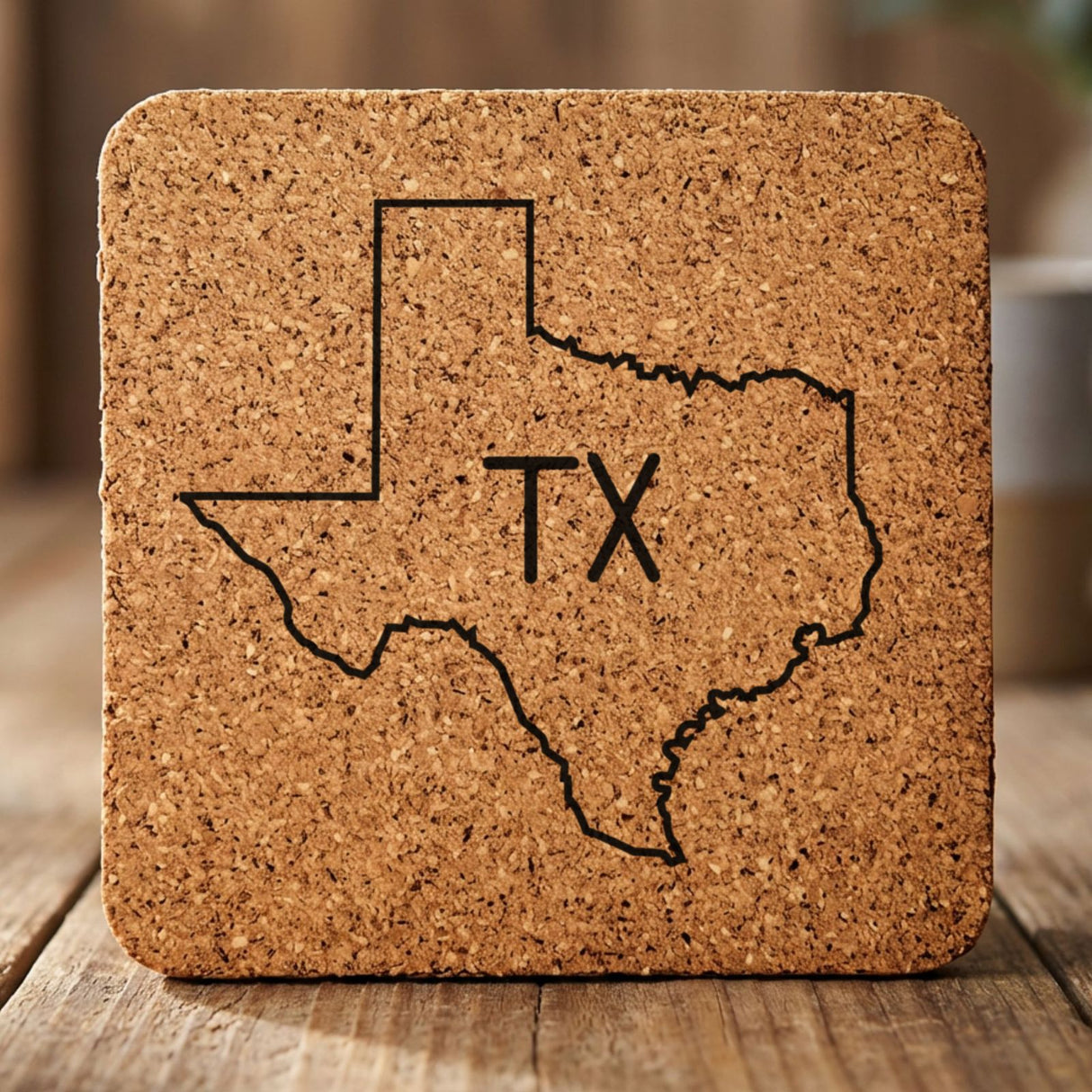 Texas square cork coaster engraved with the state outline and TX initials