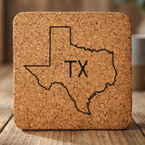 Texas square cork coaster engraved with the state outline and TX initials