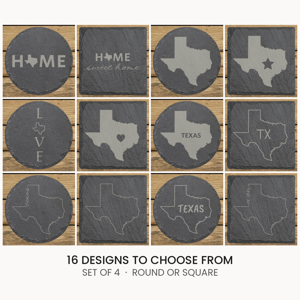 Texas slate coaster set, laser engraved natural stone