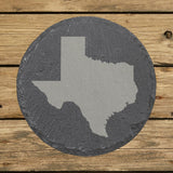 Texas round slate coaster with the full state shape engraved