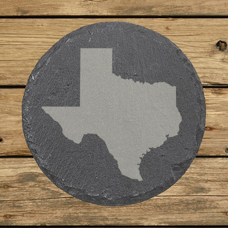 Texas round slate coaster with the full state shape engraved