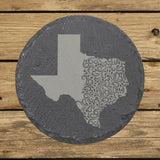 Texas round slate coaster engraved with the state shape in ornate floral scrollwork