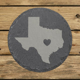 Texas round slate coaster engraved with the state shape and a heart