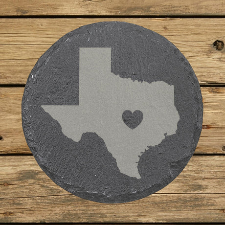 Texas round slate coaster engraved with the state shape and a heart