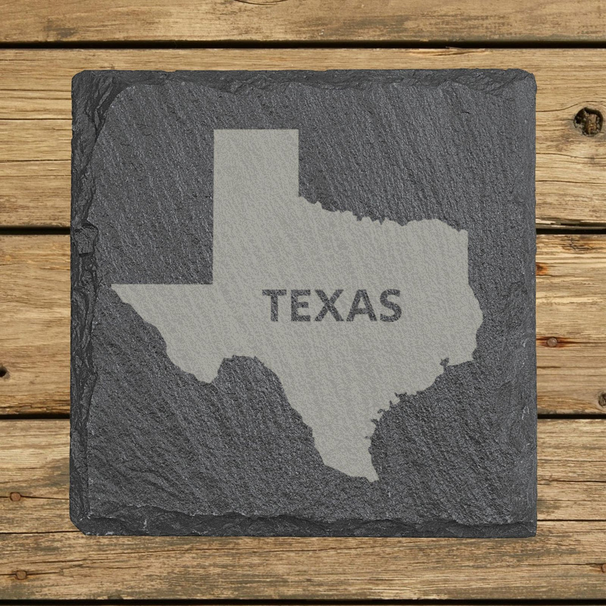 Texas square slate coaster engraved with the state shape and TEXAS in bold lettering