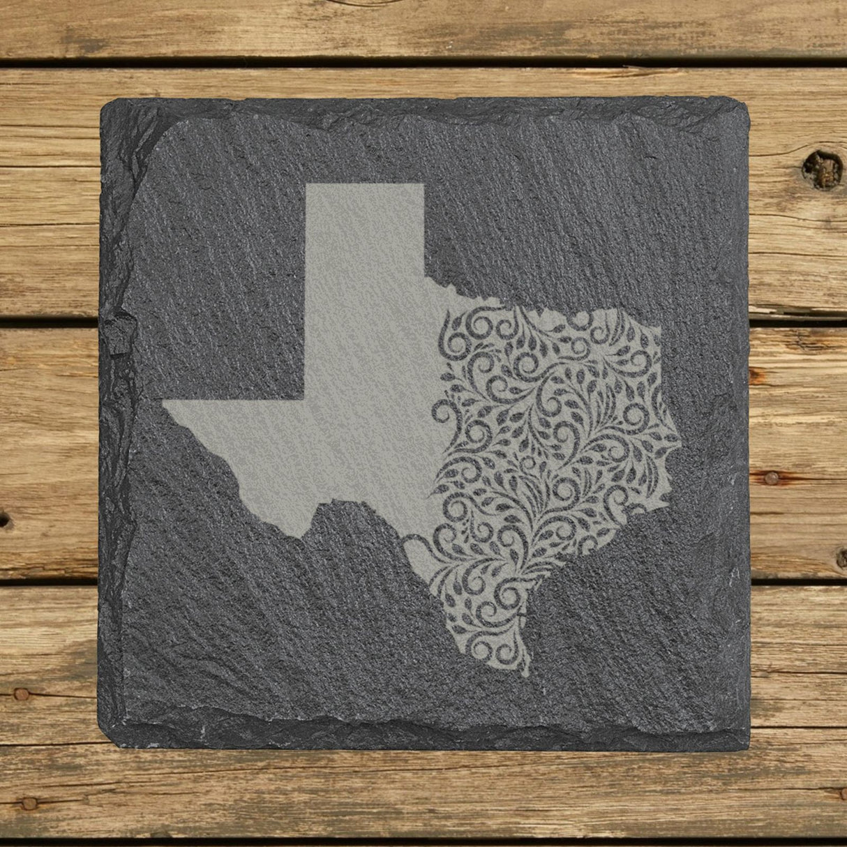 Texas square slate coaster engraved with the state shape in ornate floral scrollwork