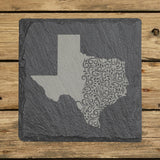 Texas square slate coaster engraved with the state shape in ornate floral scrollwork
