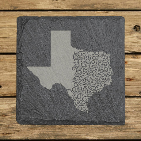 Texas square slate coaster engraved with the state shape in ornate floral scrollwork