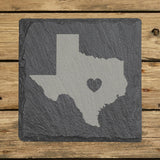Texas square slate coaster engraved with the state shape and a heart