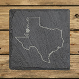 Texas square slate coaster engraved with the state outline and home in script with a heart
