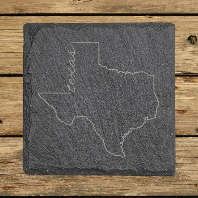 Texas square slate coaster engraved with the state outline and Texas in script lettering