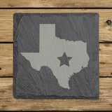 Texas square slate coaster engraved with the state shape and a star