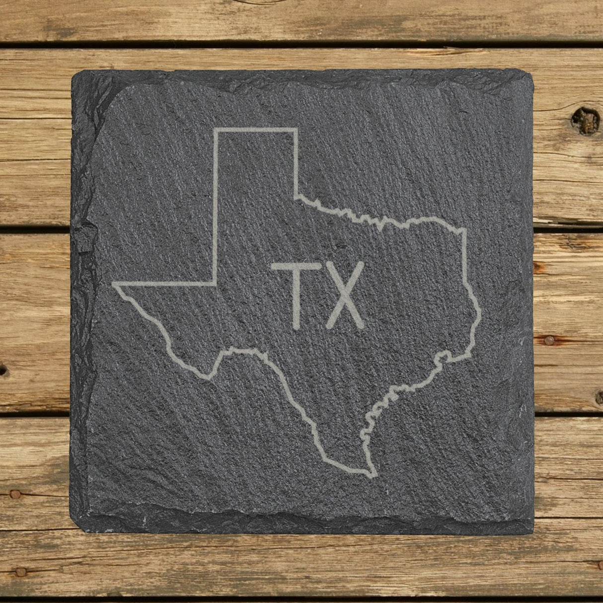 Texas square slate coaster engraved with the state outline and TX initials