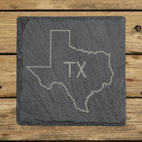 Texas square slate coaster engraved with the state outline and TX initials