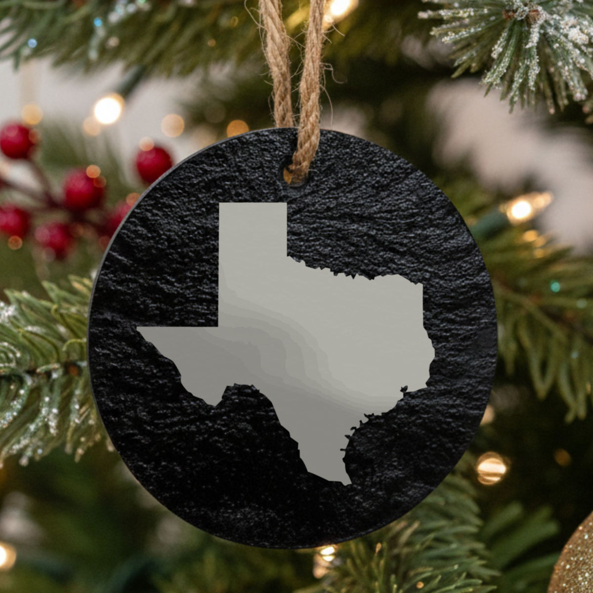 Texas round slate Christmas ornament with the full state shape engraved