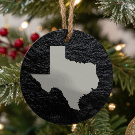 Texas round slate Christmas ornament with the full state shape engraved