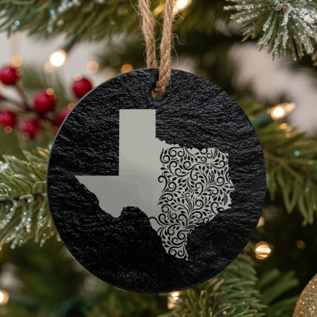 Texas round slate Christmas ornament engraved with the state shape in ornate floral scrollwork