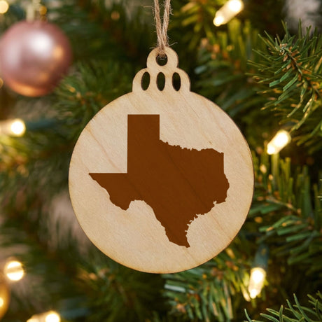 Texas round wood Christmas ornament with the full state shape engraved