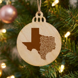 Texas round wood Christmas ornament engraved with the state shape in ornate floral scrollwork