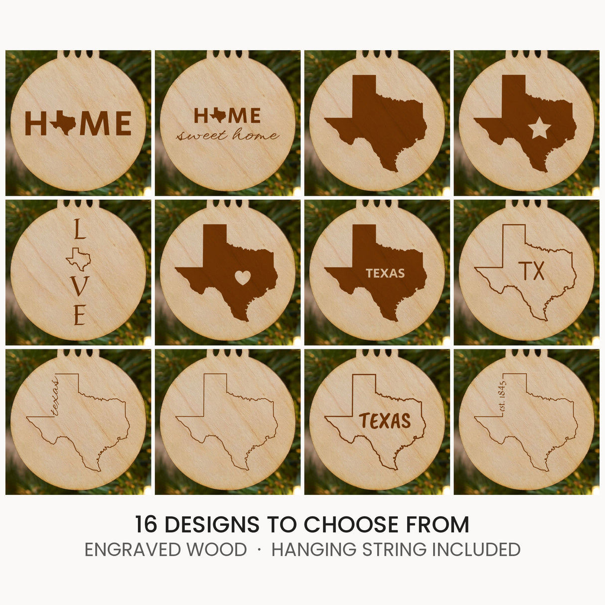 Texas wood Christmas ornament, laser engraved natural wood