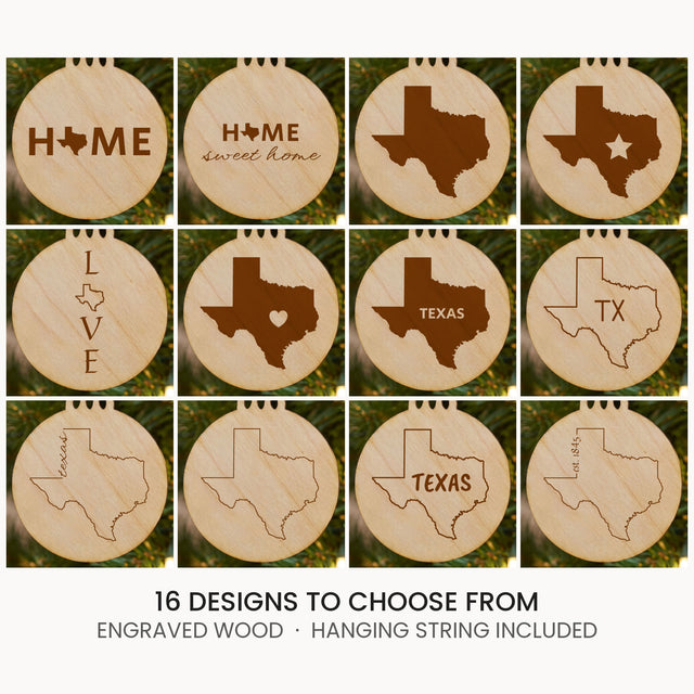 Texas wood Christmas ornament, laser engraved natural wood