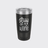 Black 20 oz tumbler laser engraved with "This Elf Runs on Wine"