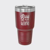 Maroon 30 oz tumbler laser engraved with "This Elf Runs on Wine"