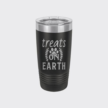 Black 20 oz tumbler laser engraved with "Treats on Earth"