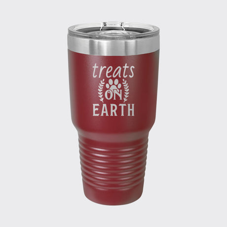 Maroon 30 oz tumbler laser engraved with "Treats on Earth"