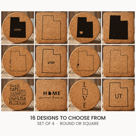 Utah cork coaster set, laser engraved natural cork