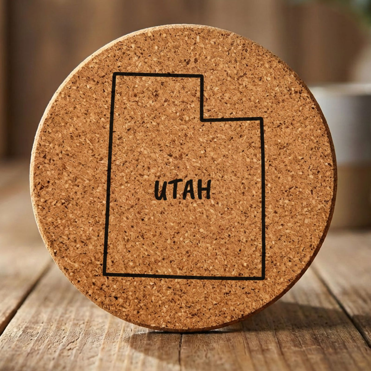 Utah round cork coaster engraved with the state outline and UTAH in hand-drawn brush lettering