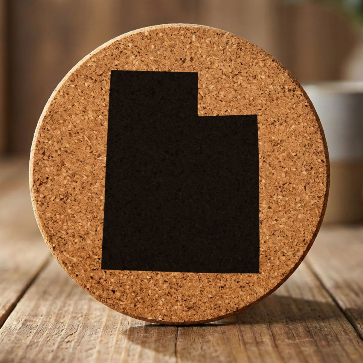 Utah round cork coaster with the full state shape engraved