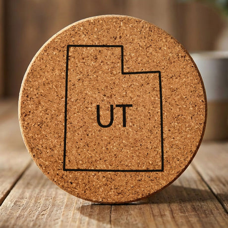 Utah round cork coaster engraved with the state outline and UT initials