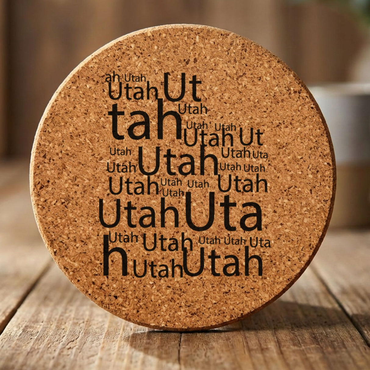 Utah round cork coaster engraved with a word cloud of repeating Utah text