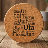 Utah round cork coaster engraved with a word cloud of repeating Utah text