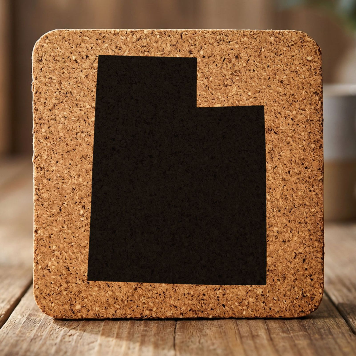 Utah square cork coaster with the full state shape engraved