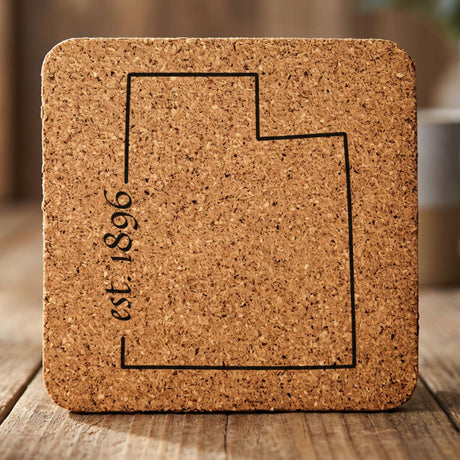 Utah square cork coaster engraved with the state outline and est. 1896