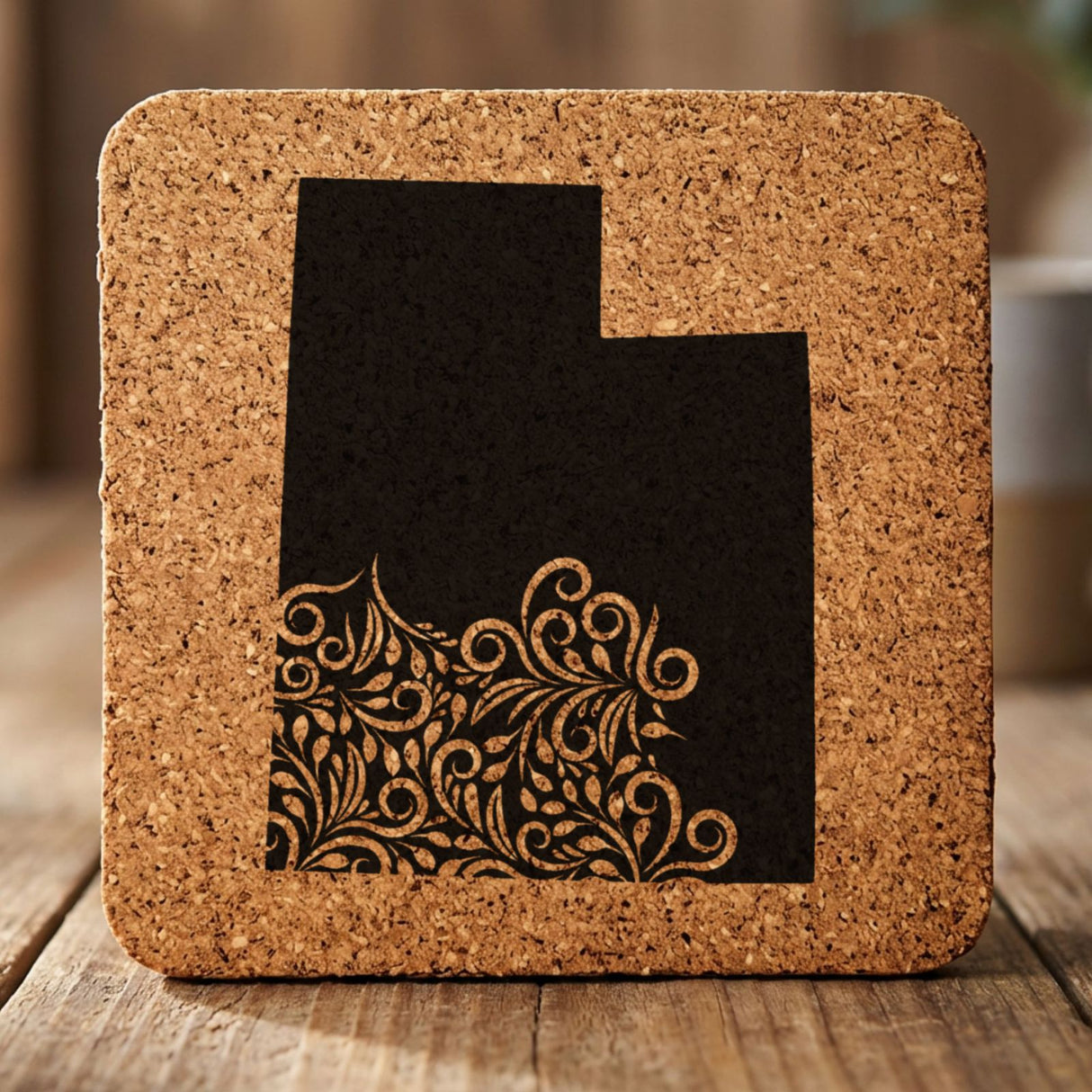 Utah square cork coaster engraved with the state shape in ornate floral scrollwork
